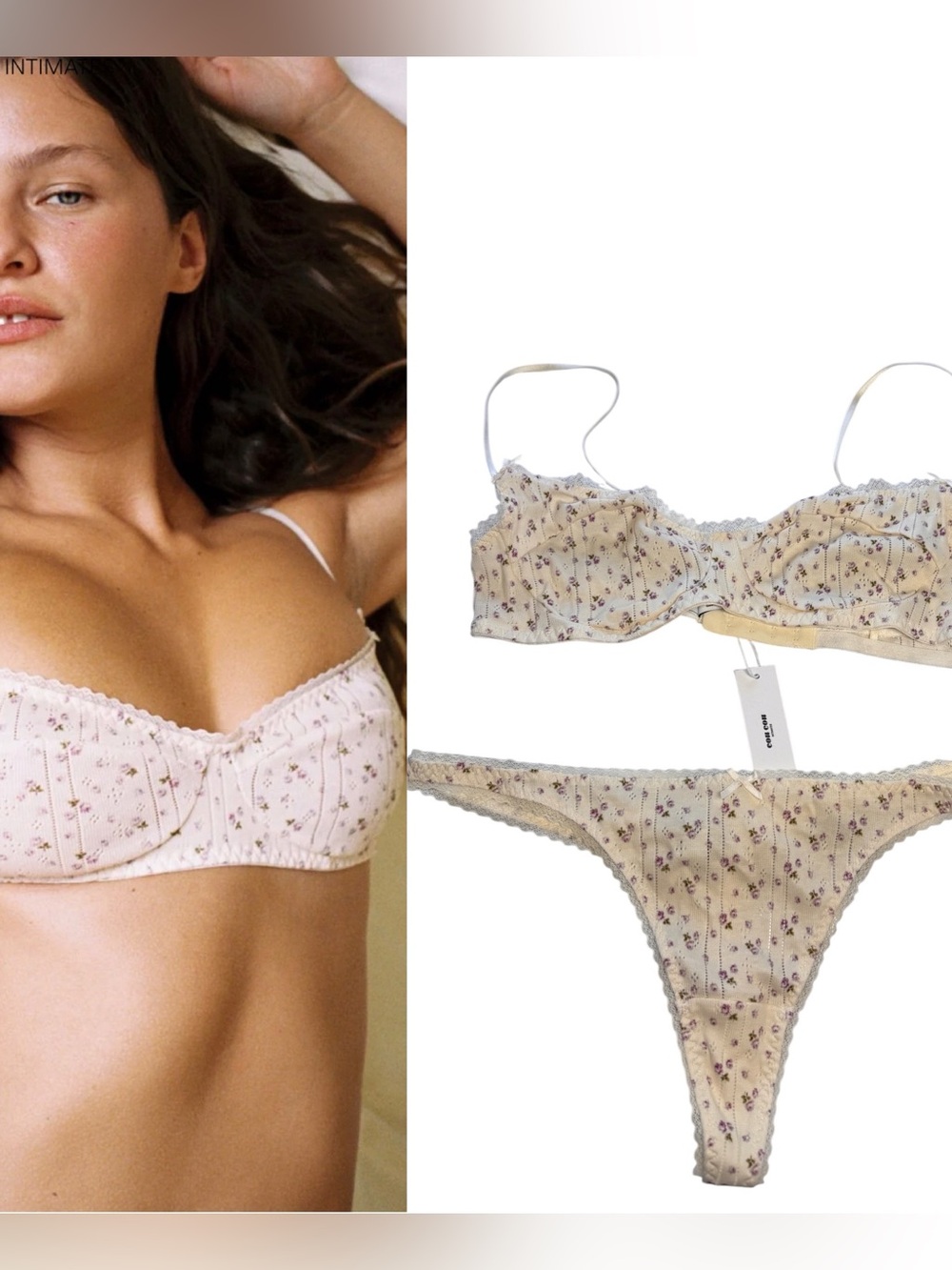 NWT Cou Cou English Rose Lingerie Set Balconette Bra & Thong Pointelle Floral M
